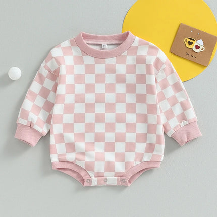 Baby Boy Girl Checkered Sweatshirt Bodysuits Oversized Long Sleeve Bubble Romper Jumpsuits Tops Neutral Baby Fall Clothes