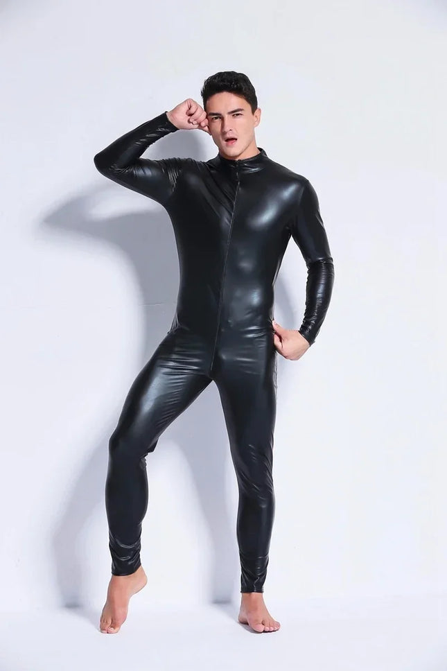 M-3XL Men Wetlook Faux Leather Double Zipper Open Crotch PVC Bodysuit Gay Hot Lingerie Latex Catsuit Fetish Wear Sexy Costume