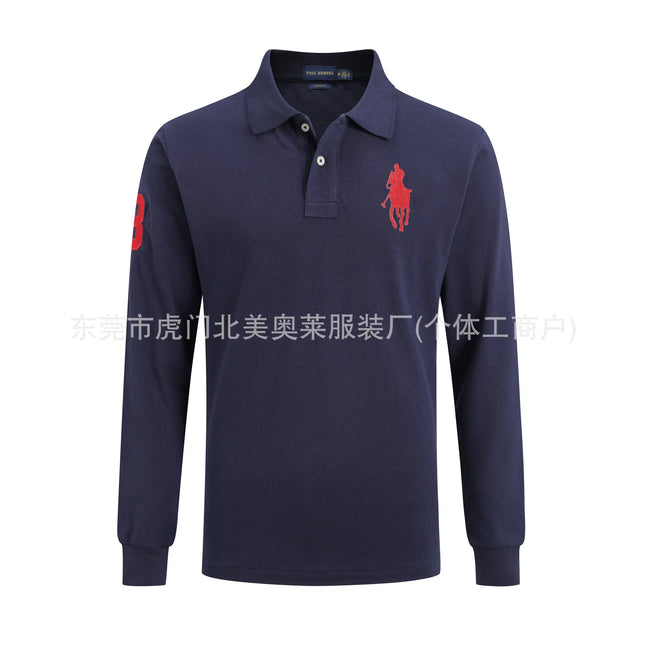 Long Sleeve Pure Cotton Polo Shirt Men's Embroidered Polo Neck T-Shirt Casual Spring Autumn British Style Loose Fit Solid Color