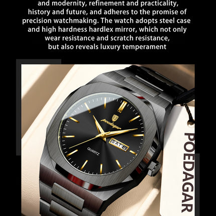 POEDAGAR Fashion Brand Man Clock Luminous Waterproof Stainless Steel Men's Watch Date Week Quartz Business Watches For Men Reloj