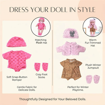 For 12 Inch 30cm Baby Reborn Dolls Outfits Clothing Carry Cot Cartoon Bear Winter Pajamas Jumpsuit Plush Clothes Accessories