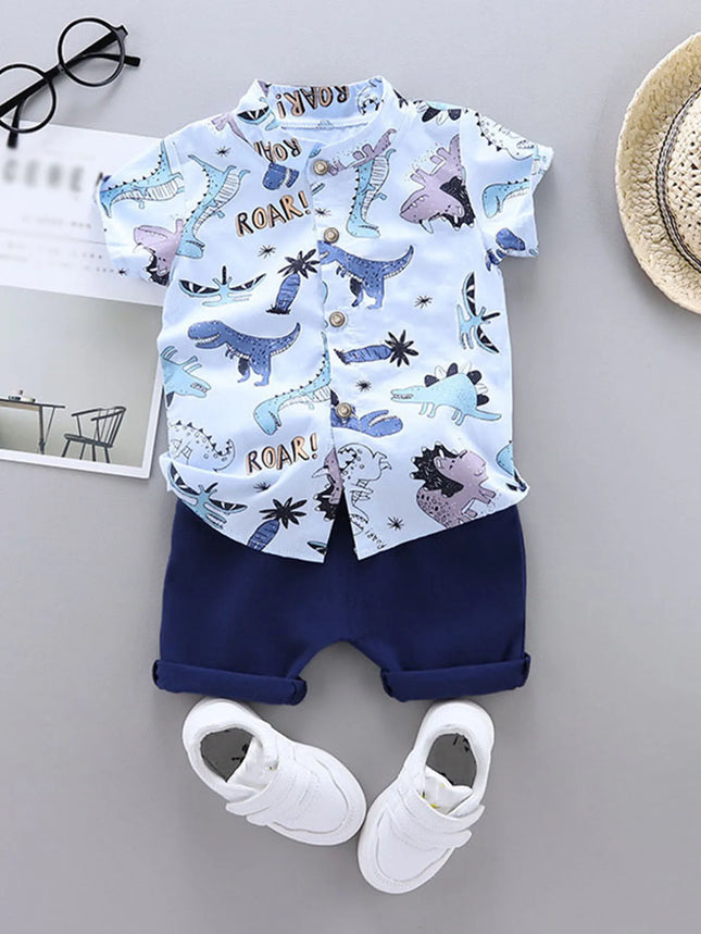 2PCS Baby and Toddler Summer Full Print Cartoon Spotted Dinosaur Pattern Stand-Up Collar Shirt Short-Sleeved Shorts Set