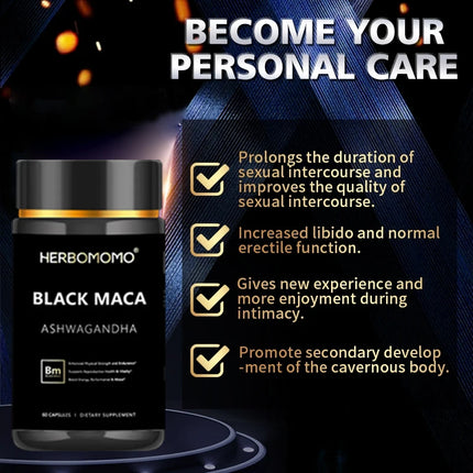Natural Black Maca Booster for Men, Maca Root Capsules ，Ginseng Increase Endurance, Boosts Energy & Strength