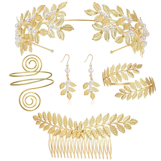FTCY Vintage Greek Jewelry Set for Women Gold Color Bracelets Earrings Headwear Set Baroque Style Adjustable Women Jewelry Gifts
