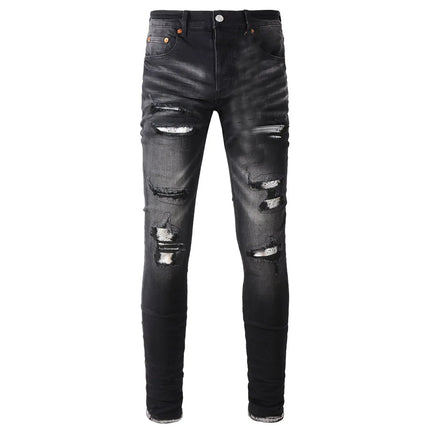 High Street Men's Jeans American Distressed Dark Black Coated Blank Stretch Skinny Button Fly Ripped Pants Trousers