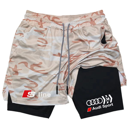Audi Logo Men's Sports Shorts Double-Layer Quick-Drying Breathable Casual Sportswear for Running M-3XL