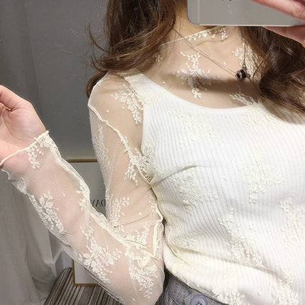 Sexy Black Hollow Out Mesh T-Shirt Transparent Mesh Female Tops Long Sleeve Basic Shirts SeeThrough Turtleneck Women Tshirts