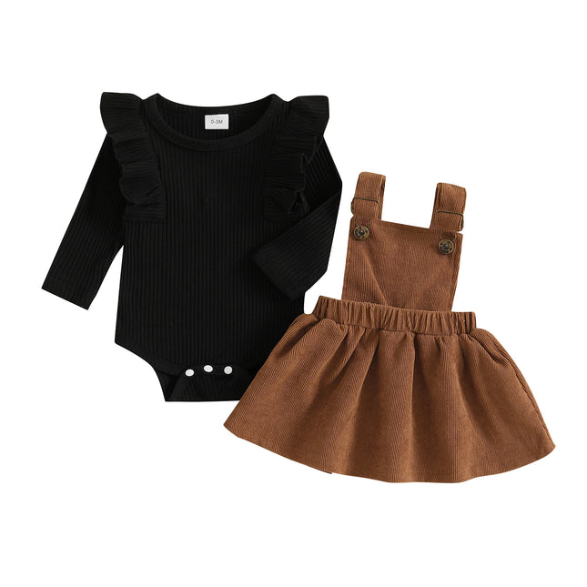 Infant Baby Girl Fall Outfits Ruffles Long Sleeve Crew Neck Ruffled Romper with Corduroy Suspender Skirt 2 Pcs Girls Sets
