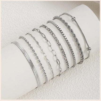 Women Chain Bracelet Silver Color, Stainless Steel Link Stackable Bracelets, Layered Fashion Accessories Gifts