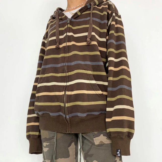 Xingqing Fairycore Aesthetic Sweatshirt Striped Long Sleeve Tops with Pockets Hoodie for Women Grunge Emo y2k Clothes Streetwear