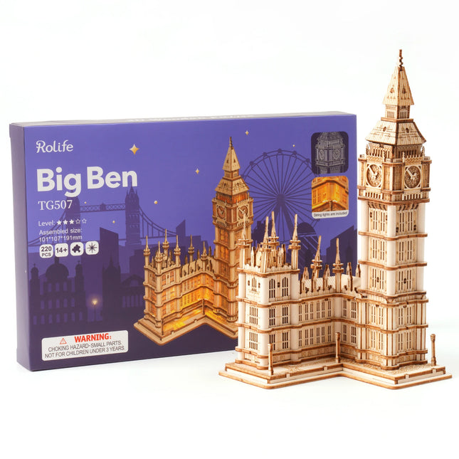 Rolife DIY Wooden 3D Puzzle Big Ben Model Building Kit Brain Teaser Puzzle Toy with LED Light for Home Decor Gifts for Adult Kid