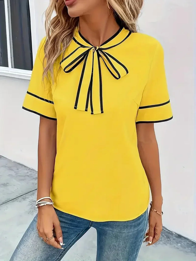 Women's Fashion Elegant Plus Size 1XL-5XL Red Bow Half-Sleeve Blouse Shirt Ladies Casual Elegant Blouse Short Sleeve Shirt