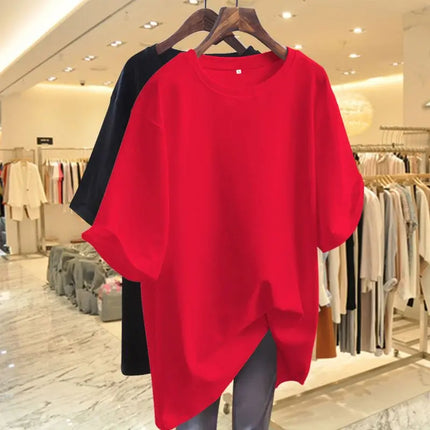 Women's Clothing Fashion Cotton O-neck Short Sleeve T-shirt Summer Casual Loose Oversized Solid Top Tee Basic Pullover 45-105Kg