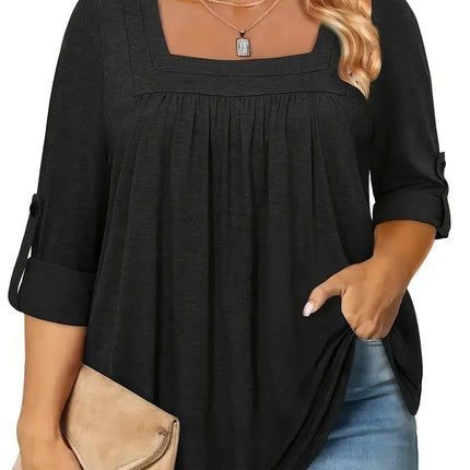 Plus Size Summer 1XL-5XL Women's Fashionable Solid Color Square Neck Blouse Ladies Casual Summer Solid Color Blouse Shirt Tops