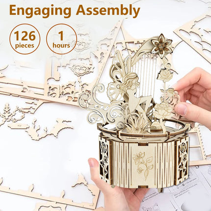 3D Puzzle Wooden Fairy Music Box DIY Assembly Model Building Kit Crafts STEAM Educational Toys Gift for Adults Teens