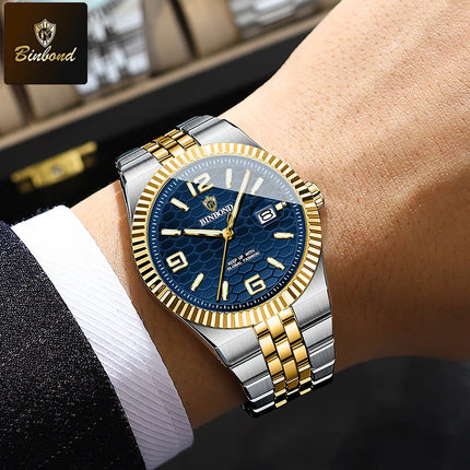 BINBOND Top Brand Quartz Watch For Men Luxury Stainless Steel Waterproof Luminous Watch Fashion Date Display Business Men Watch