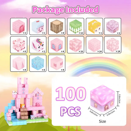 Magnetic Building Blocks Mine World Pink Girly Heart Blossom Cave Plant  Architecture Cubes Set Brick Cube Toys Children Gifts