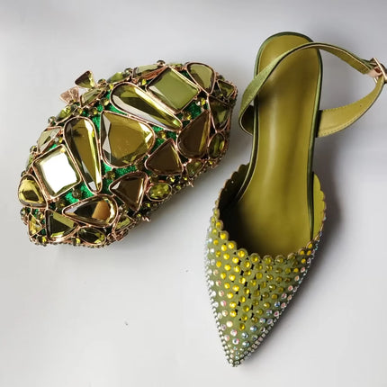 INSIGHTLINK Luxury Olive Green Rhinestones Women's Shoe and Bag Set for Party Wedding Crystals Heeled Pumps and Handbag Sandals