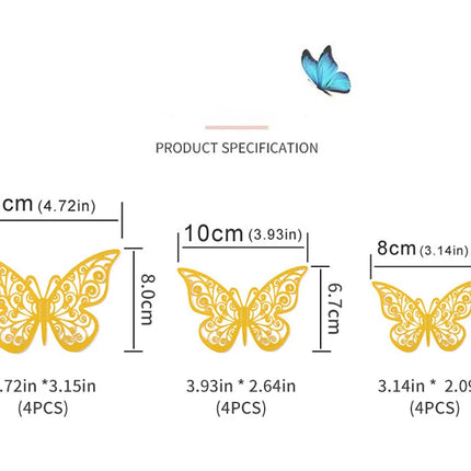 12pcs/Set 3D Hollow Butterfly Wall Stickers Bedroom Living Room Stickers for Wedding Party Decoration 3D Fridge Decals Wallpaper