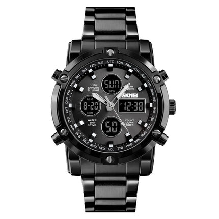 SKMEI Men Dual Display Watch Countdown Steel Strap Electronic Wristwatch Three Time Clock Digital Quartz Watch Relogio Masculino