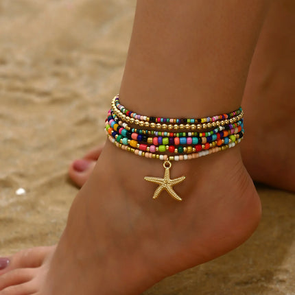 Multilayer Bohemia Rice Bead Anklet Set for Women Fashion Starfish Pendant Anklets Summer Sandy Beach Ankle Chain on Leg Jewelry