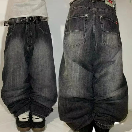 American New Fashion Oversize Pattern Embroidered Baggy Jeans Men Y2K Gothic Harajuku Hip Hop Straight High Waist Wide Leg Pants