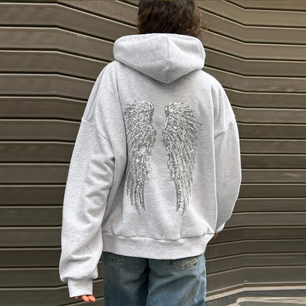 Trendy Creative Hooded Sweatshirt Wing Patterns Chic Designed Fashion Casual Long Sleeved Tops Versatile Women's Autumn Wear