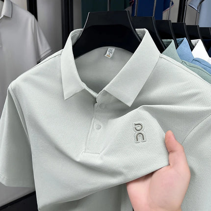 High Quality Man Spring New Short-Sleeved Polo Shirt Letter Print Lapel Button Hot Polo Shirt Business Casual Ice Silk Men'sWear