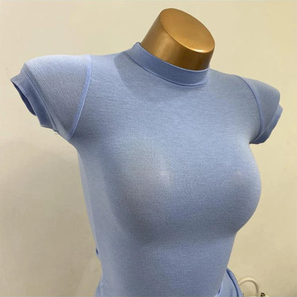 Korean Transparent Short-Sleeved Slim-Fit Elastic Solid Color Bottoming T-shirt with Half-High Collar - Sexy Big Chest T-shirt