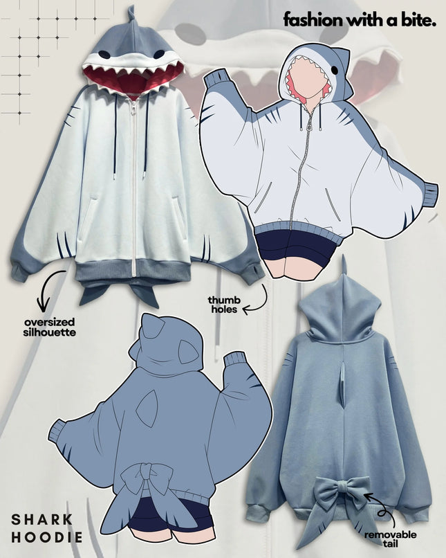 Japanese Small Crowd Anime Three-dimensional Shark Shape Hooded Sweater Night Hooded Design Loose Casual Zipper Same for Lovers