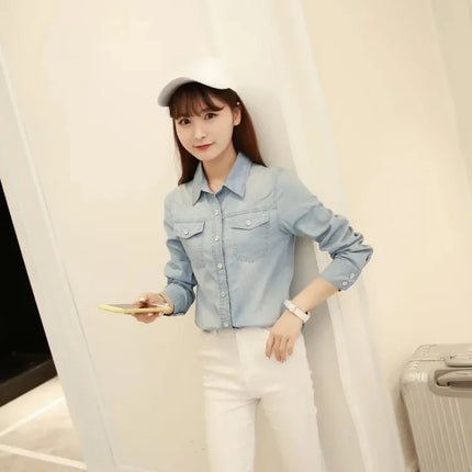 Slim Fit Cotton Denim Shirt Long Sleeve Women's Spring Autumn Summer Student Professional Outerwear Fashionable Casual Top