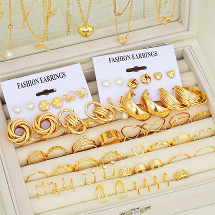 62-Piece Chic Jewelry Set for Women - Includes Earrings, Rings & Necklaces with Heart, Butterfly, Geometric Designs Jewelry Gift