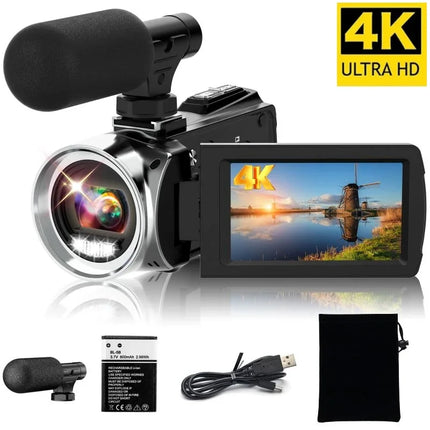 4K Camcorder with Microphone 18X Zoom Infrared Vlogging Video Camera for Youtube 48MP Portable Digital Recorder Live Streaming