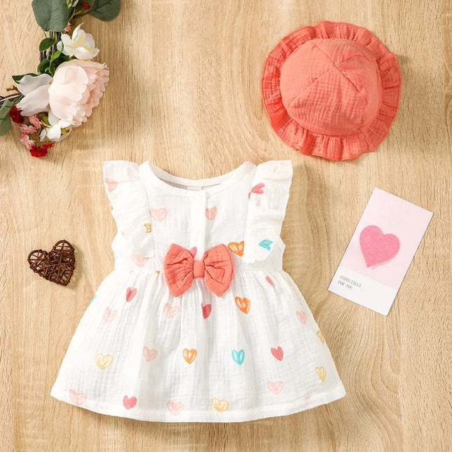 0-9 Months Newborn Baby Girl  2PCS Dress Heart Print Sleeveless Bow Dress With Hat Summer Fashion Cute Clothing for Infant Girl