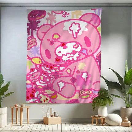 VIKAMA Cute Pink Bear Cartoon Tapestry, Wall Hanging For Living Room, Bedroom, Gaming Room, Dorm And Birthday Party Home Decor