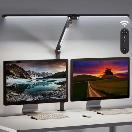 24W LED Clip Desk Lamp with Remote Control Rotatable 3 Head Stepless Dimming Eye-Caring Reading Desk Lamp for Office PC Studying