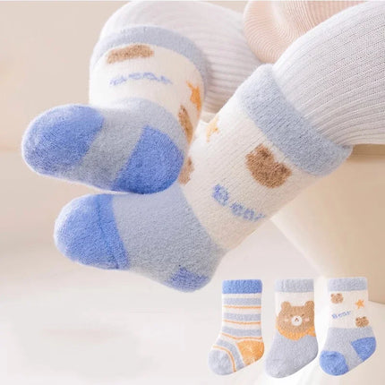 3 Pairs Kids Winter Socks Cute Cartoon Bear Rabbit Thick Plush Warm Middle Tube Socks for Boy Girl Newborn Anti-Cold Sleep Socks