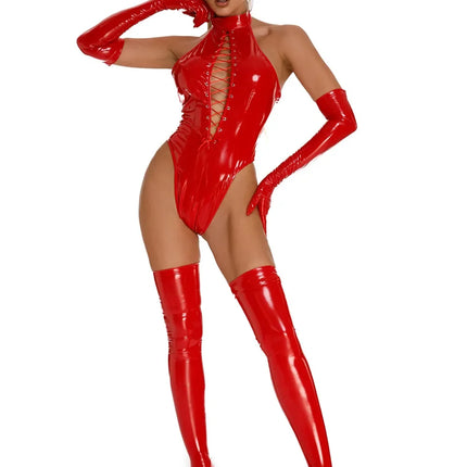 Womens Latex Catsuit Wet Look Lace-Up Body PVC Teddy Fetish Bodysuit Exotic Parties Night Club Wear Pole Dancing Full Set