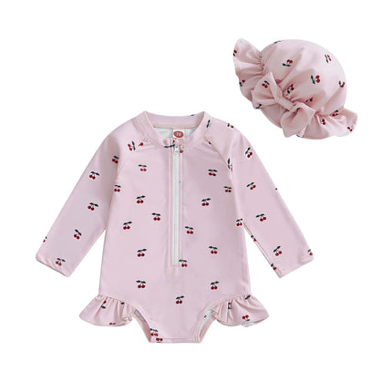 MISOWMNJOY Princess Baby Girl Swimwear Long Sleeve Rash Guard Beach Swimsuit Bow/Cherry Print Toddler Bathing Suit with Sun Hat