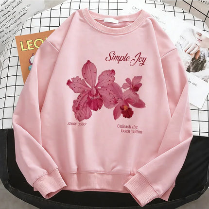 Retro Floral Gothic Womens Solid Hoodies Basic Warm Fleece Sweatshirt Soft Y2k O-Neck Pullover Casual Female Clothes