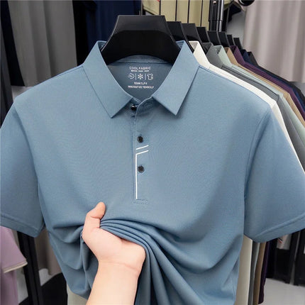 Men's Business Style Polo Shirt Cool Fabric Wrinkle Resistant Short Sleeve Top For Office Work