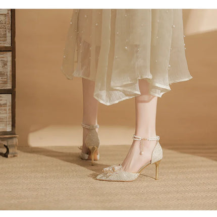 Spring Pointed Toe Party Wedding Shoes for Women, Bride Bow Thick Heel Silver Sequin Fairy Lolita Style Single Shoes