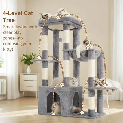 Heavy Duty Cat Tree for Indoor Large Adult Cats, Multi-Level Plush Condo with Scratching Posts, Hammock & Toy Balls