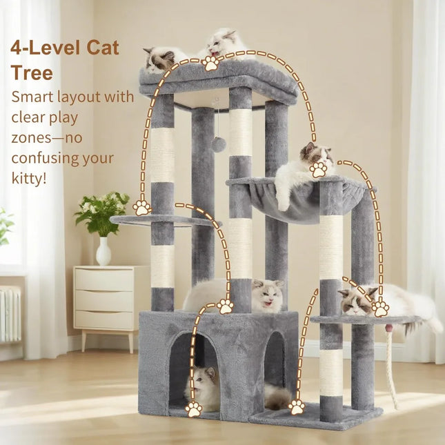 Heavy Duty Cat Tree for Indoor Large Adult Cats, Multi-Level Plush Condo with Scratching Posts, Hammock & Toy Balls