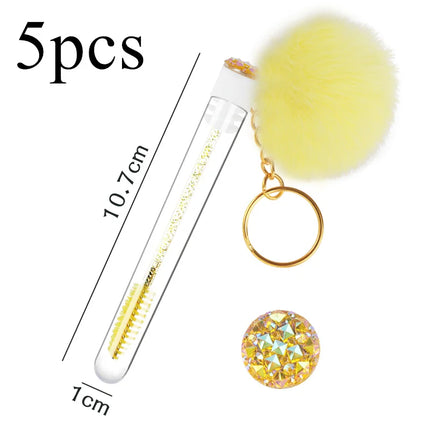 5pcs Gold Keychain Tube Eyelash Brush Eyebrow Comb Microbrush Lash Extension Micro Brushes Makeup Tool Fluffy Fur Ball Decorate