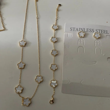 LUXUKISSKIDS Fashion Flower Necklace Earrings Set Jewelry Women Stainless Steel White Shell Clover Bracelet Jewelry Accessories
