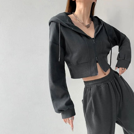 Full Zip Up Women's Hoodies Sweatshirts Plain Korean Clothing Aesthetic 90s Vintage Essential Basic Female Hooded Top Cropped