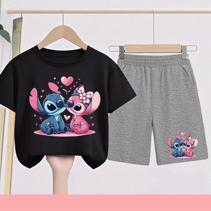 Kids Disney Stitch Print Summer Cute Breathable Tees + Shorts 2pcs 3-12 Years Boy Girls Round-neck Set Children Leisure Clothing