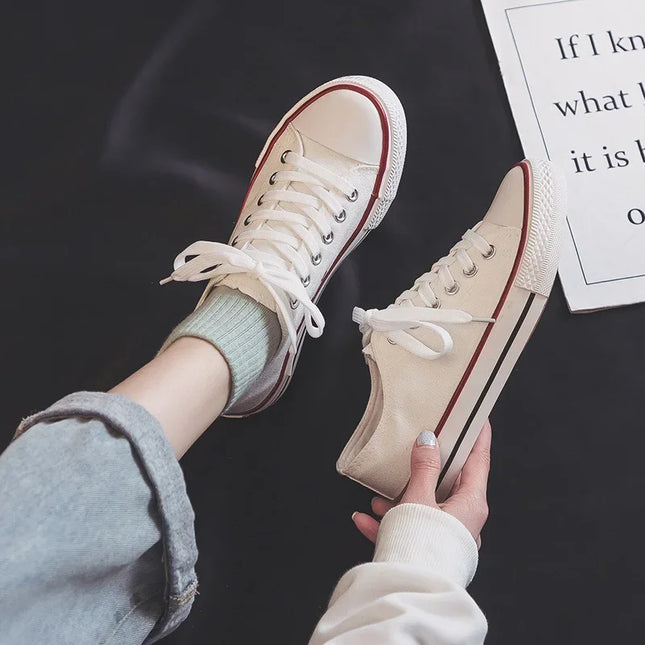 Flat Bottom Canvas Shoes Women's Versatile Low Cut Rubber Sole Pure Color Adult Slip-On Fashion Trendy White Sneakers