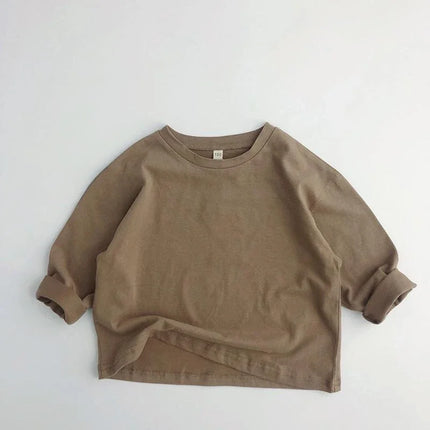 1-7Y Kids Cotton Shirt Solid Caramel Coffee Color Children's 2025 Autumn New Boys Girls Cotton Stylish Long Sleeved T-shirt